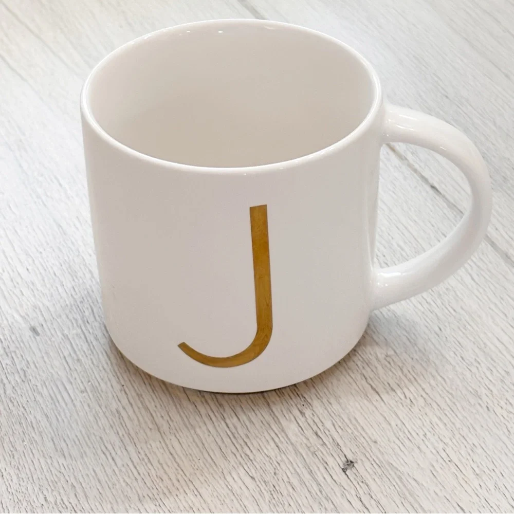 Williams Sonoma Monogram Initial Capital J Mug Cup White/Ivory w Gold Trim 12 oz